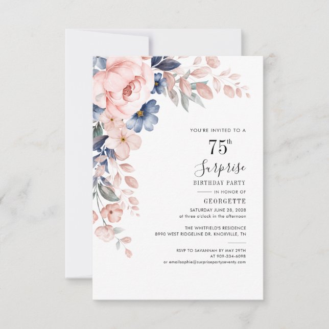 75th Birthday Party Pink Floral Invitation (Front)