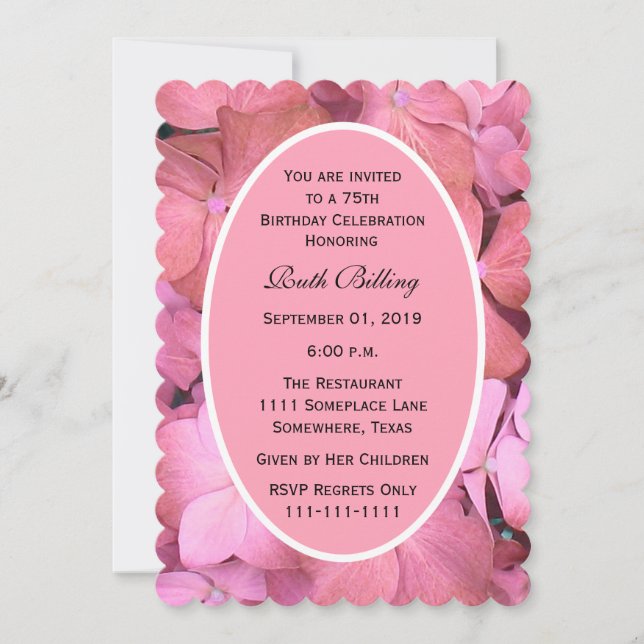 75th Birthday Party Pink Scalloped Hydrangeas Invitation (Front)