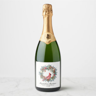 75th Birthday Party Red Cardinal Wreath Custom Sparkling Wine Label