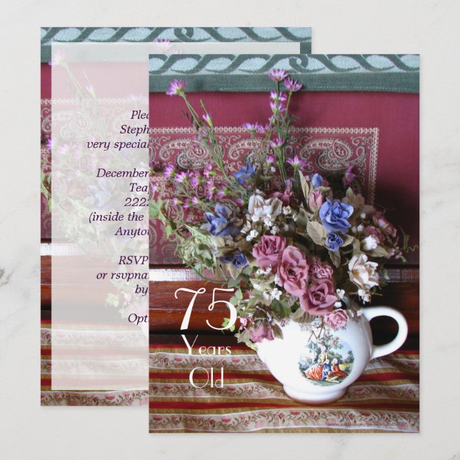 75th Birthday Party, Vintage Teapot, Purple Invitation (Front/Back)
