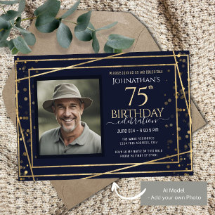 75th Birthday Photo Blue Gold Paper Sheet