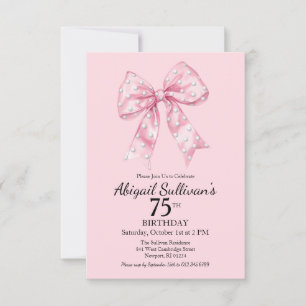 75th Birthday Pink Bow with Golf Ball Polka Dots Invitation
