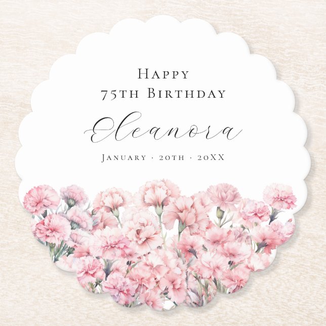 75th Birthday Pink Carnation January Birth Flower Paper Coaster (Front)