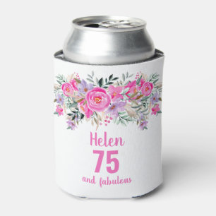 75th birthday pink floral can cooler