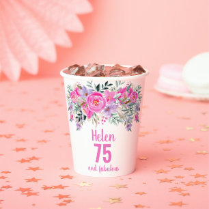 75th birthday pink floral paper cups