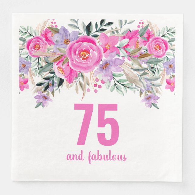 75th birthday pink floral party napkins (Front)