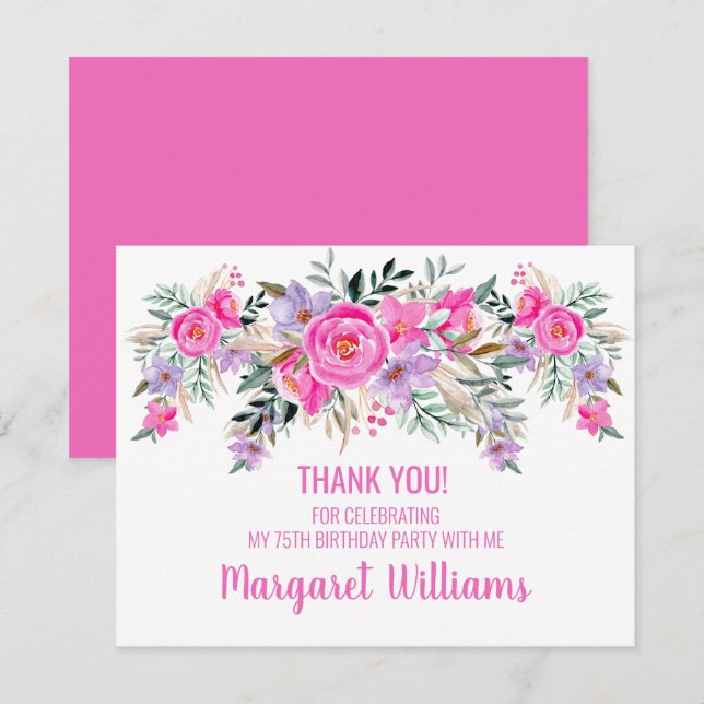 75th birthday pink floral thank you card (Front/Back)