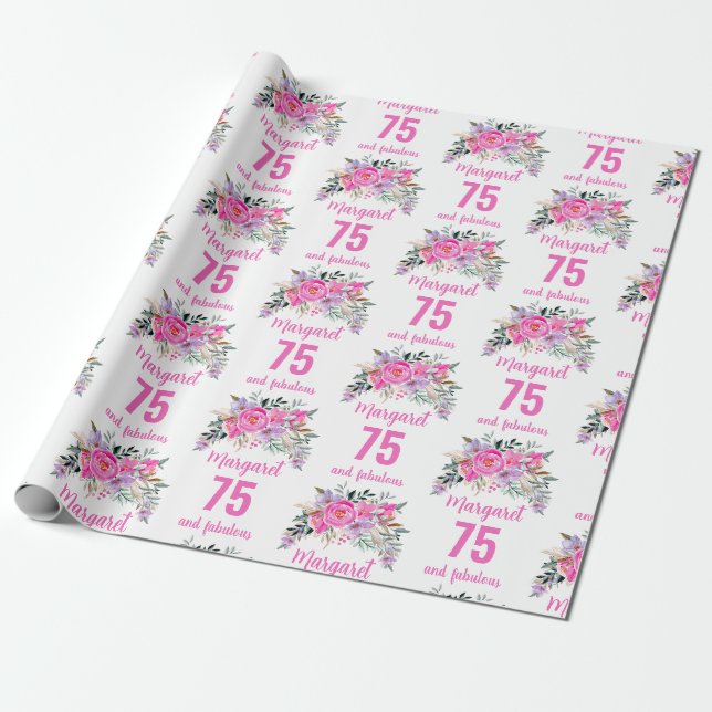 75th birthday pink floral wrapping paper (Unrolled)