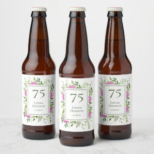 75th Birthday Pink Hydrangeas Beer Bottle Label