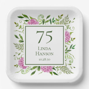 75th Birthday Pink Hydrangeas Paper Plate