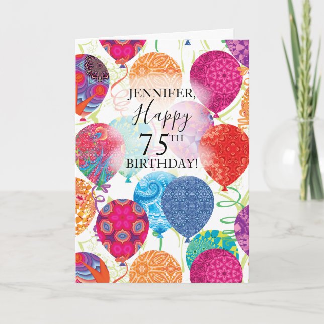 75th Birthday Pink Orange Turquoise Balloons  Card (Front)
