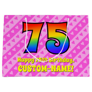 75th Birthday: Pink Stripes & Hearts, Rainbow # 75 Large Gift Bag