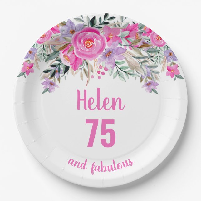 75th birthday pink watercolor floral  paper plate (Front)