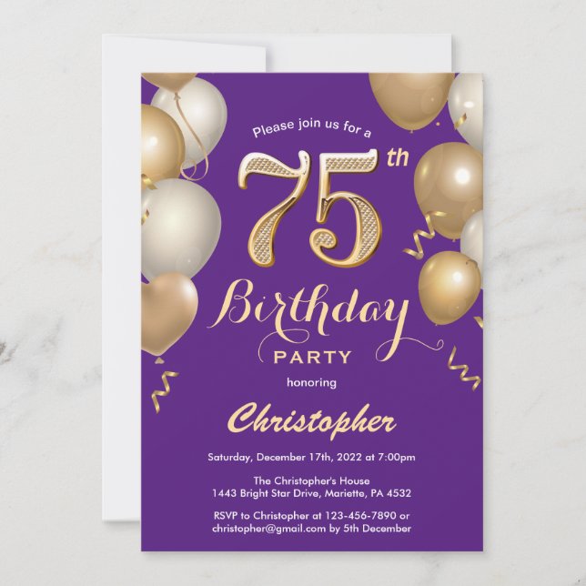 75th Birthday Purple and Gold Balloons Confetti Invitation (Front)