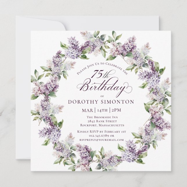 75th Birthday Purple Lilac Spring Flower Square Invitation (Front)