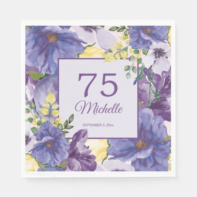 75th Birthday Purple Yellow Watercolor Floral Napkin (Front)
