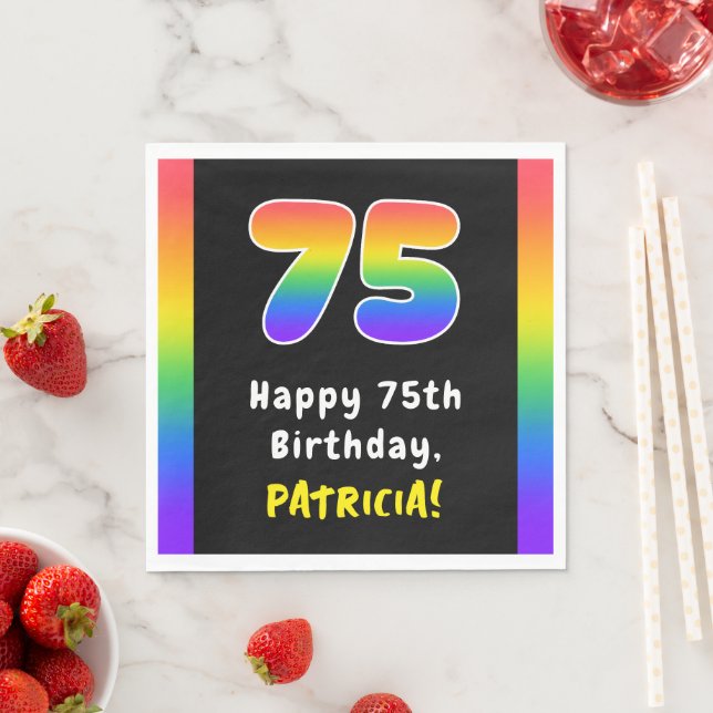 75th Birthday: Rainbow Spectrum # 75, Custom Name Napkin (Insitu)