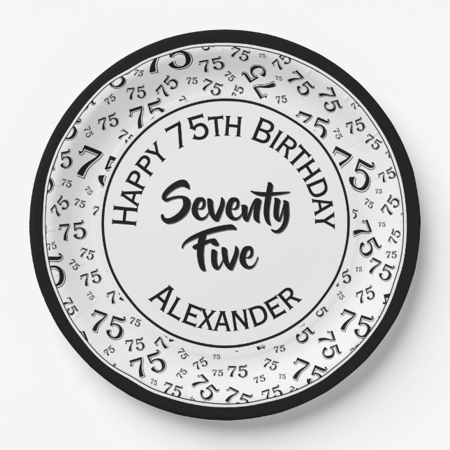 75th Birthday Random Number Pattern Black/White Paper Plate (Front)