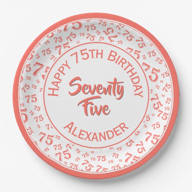 75th Birthday Random Number Pattern Coral/White Paper Plate (Front)