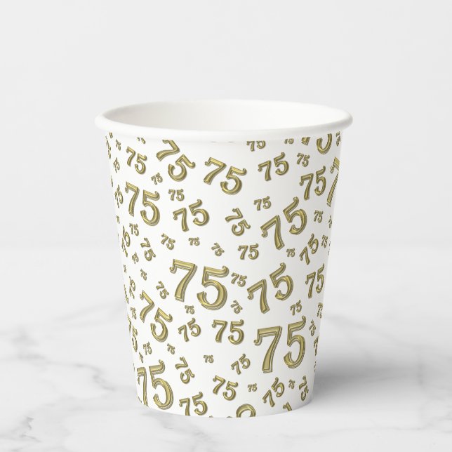 75th Birthday Random Number Pattern Gold/White 75 Paper Cups (Front)