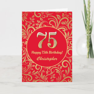 75th Birthday Red and Gold Floral Pattern Card
