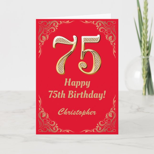 75th Birthday Red and Gold Glitter Frame Card (Front)
