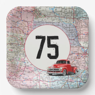 75th Birthday Red Retro Truck on Road Map  Paper Plate