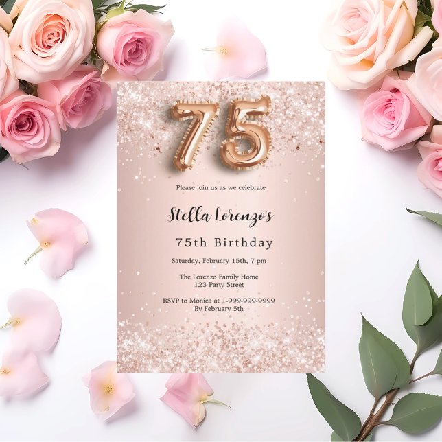 75th birthday rose gold pink confetti invitation (Creator Uploaded)