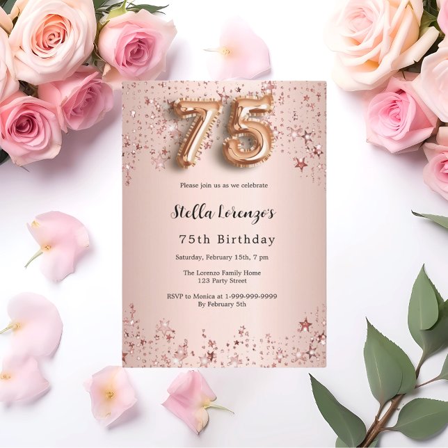75th birthday rose gold pink stars invitation (Creator Uploaded)