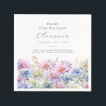 75th Birthday September Birth Flower Custom Napkin<br><div class="desc">Perfect table decor for an September birthday party. Aster is the birth flower for that month. It forms a pretty watercolor bottom border on this floral personalized napkin. The birthday guest of honour's name,  age and birthdate are placed above it using elegant calligraphy and typography. All text is editable.</div>