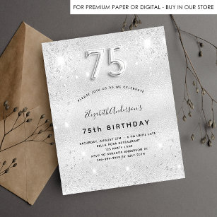 75th birthday silver glitter budget invitation