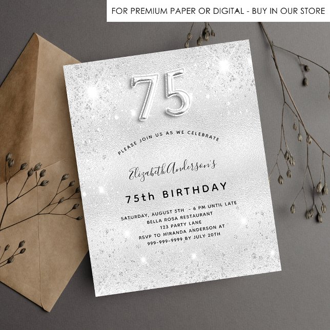 75th birthday silver glitter budget invitation flyer (Creator Uploaded)