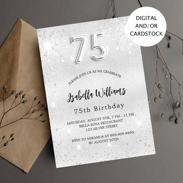 75th birthday silver glitter elegant invitation (Creator Uploaded)