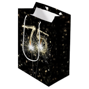 75th Birthday Sparklers on Black With Stars Medium Gift Bag