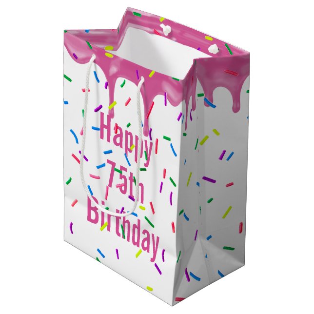 75th Birthday Sprinkles On Pink Icing Medium Gift Bag (Front Angled)