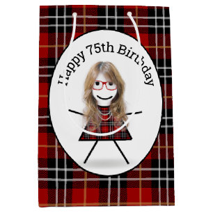 75th Birthday Stick Girl on Tartan Plaid Medium Gift Bag