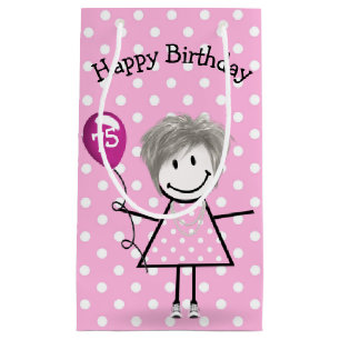 75th Birthday Stick Girl with Pink Balloon Small Gift Bag
