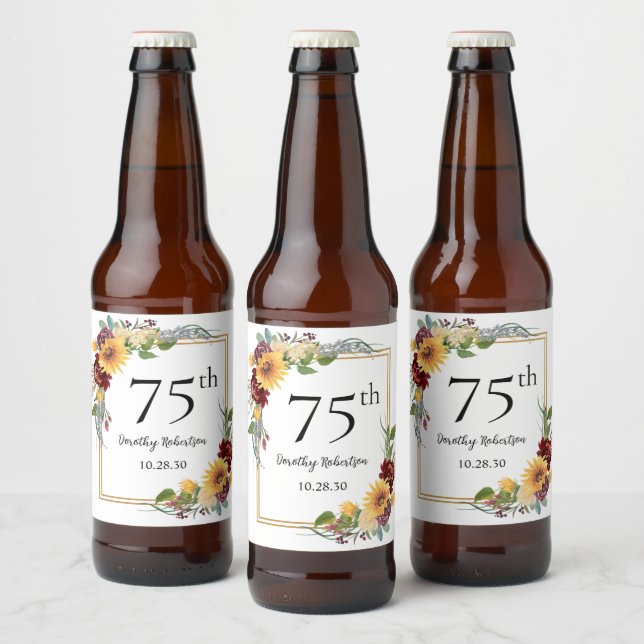 75th Birthday Sunflowers Beer Bottle Label (Bottles)
