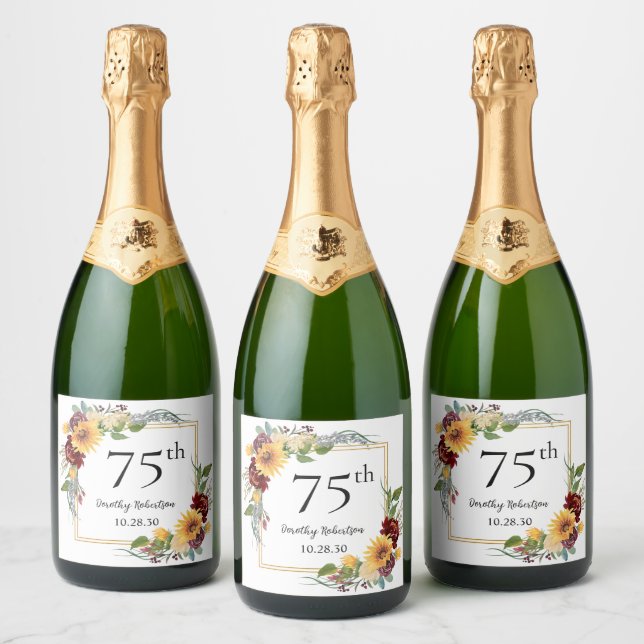 75th Birthday Sunflowers Sparkling Wine Label (Bottles)
