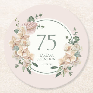 75th Birthday Tropical Floral Round Paper Coaster