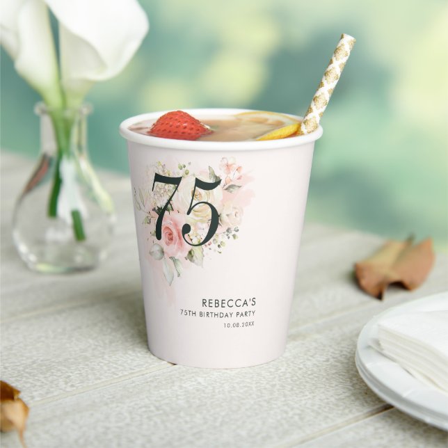 75th Birthday Watercolor Pink Floral Party Paper Cups (Insitu)