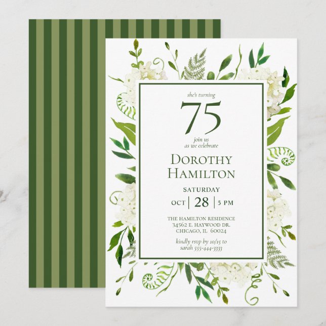 75th Birthday White Hydrangeas  Invitation (Front/Back)