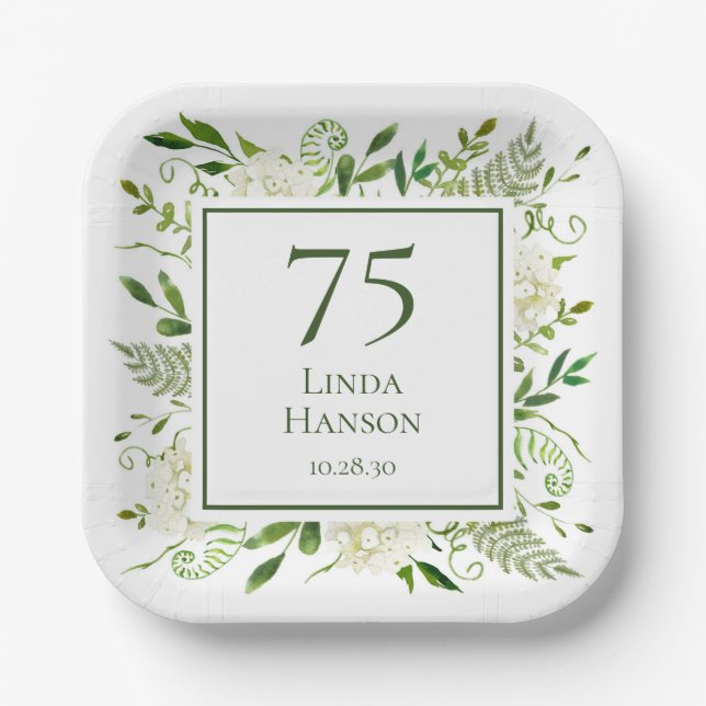 75th Birthday White Hydrangeas Paper Plate (Front)