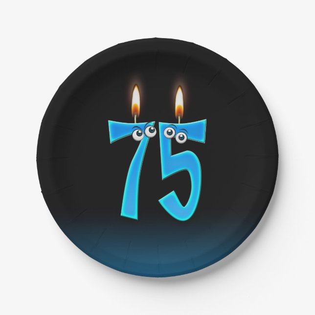 75th Birthday with lit candle numbers Paper Plate (Front)