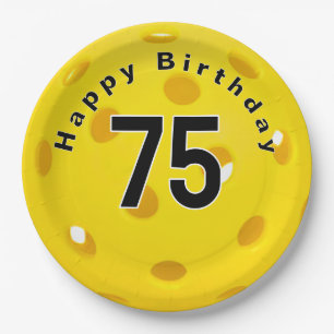 75th Birthday Yellow Pickleball Paper Plate