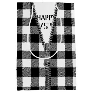 75th Birthday Zipper On Buffalo Plaid  Medium Gift Bag