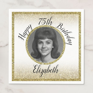 75th Custom Photo White and Gold Birthday Napkin