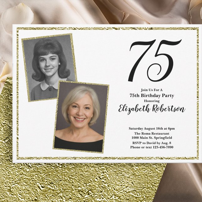75th Custom Photo White and Gold  Invitation (Creator Uploaded)