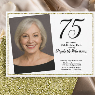 75th Custom Photo White and Gold Invitation