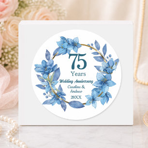 75th Elegant Blue Floral Wedding Anniversary Classic Round Sticker